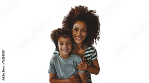 Mother and son smiling and hugging each other with afro hair on Mother's Day photo