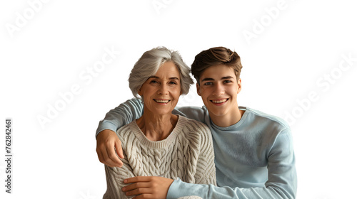 Grandmother and grandson hugging smiling, Mother's Day photo