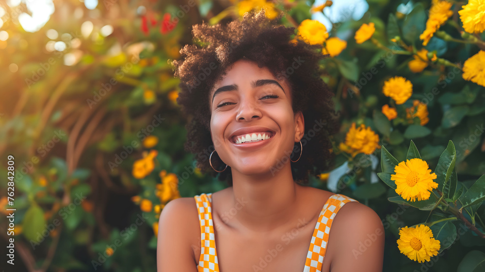 Smiling black woman with flowers in the background Smiling black woman with flowers in the background