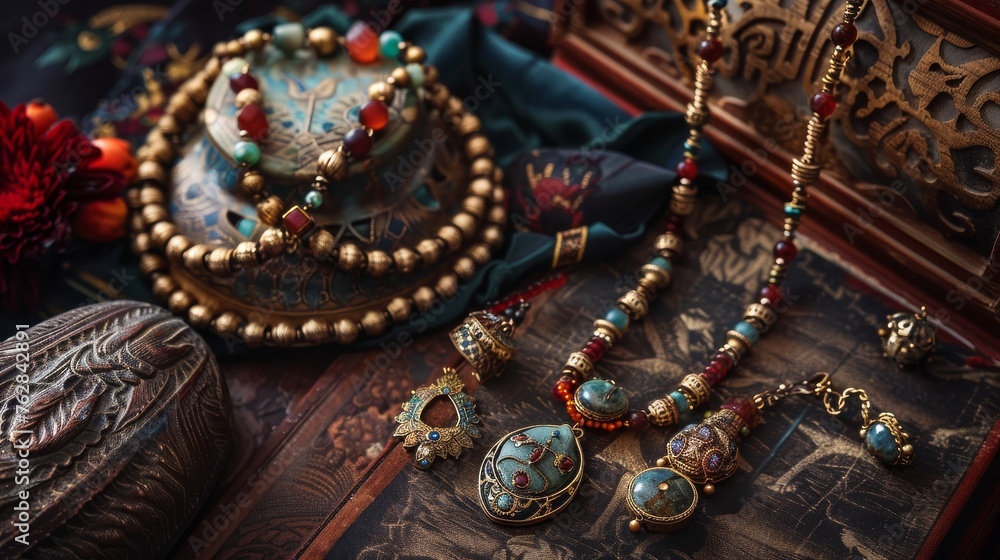 A jewelry set boasting 200 years of history, comprising eastern vintage accessories, exuding a timeless charm A jewelry set boasting 200 years of history, comprising eastern vintage accessories, exuding a timeless charm