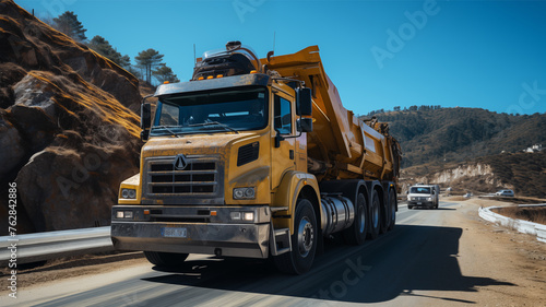 A tank truck rushing to a construction site in the blue sky.