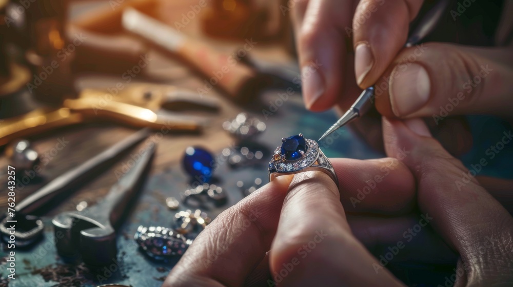 A master jeweler skillfully setting gems into a jewelry piece, with a focus on a sapphire diamond ring amidst a workshop laden with professional tools A master jeweler skillfully setting gems into a jewelry piece, with a focus on a sapphire diamond ring amidst a workshop laden with professional tools