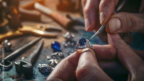 A master jeweler skillfully setting gems into a jewelry piece, with a focus on a sapphire diamond ring amidst a workshop laden with professional tools