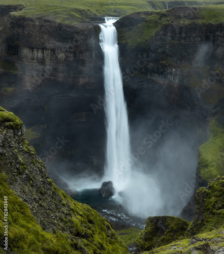 Scenic Haifoss waterfall and valley in the highlands of Iceland