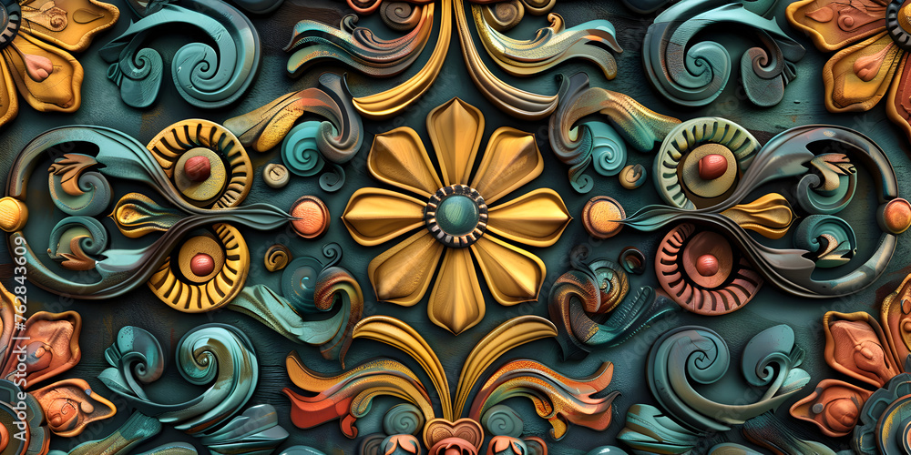 3d rendering of an ornate floral design on  wall, Ornamental Design Pattern Arabesque Flowers ornate blue yellow craft Art leaf, Pastel Color Clay Art Floral and Botanical Seamless Pattern background 