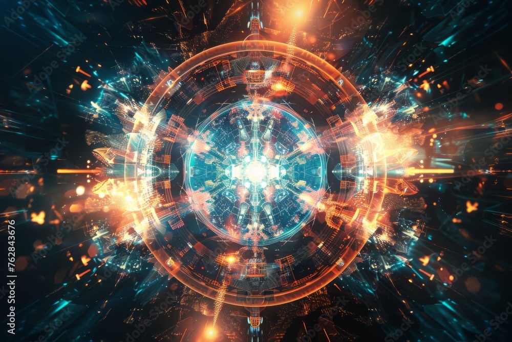 Symmetrical Fractal Energy Illuminating Abstract Techno Space Sci-Fi concept 3D rendering.