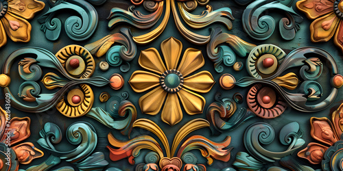 3d rendering of an ornate floral design on wall, Ornamental Design Pattern Arabesque Flowers ornate blue yellow craft Art leaf, Pastel Color Clay Art Floral and Botanical Seamless Pattern background 