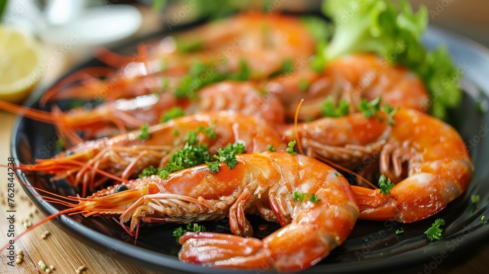 fresh shrimps served on plate boiled peeled shrimp prawns cooked in the seafood restaurant