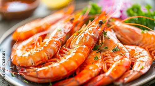 fresh shrimps served on plate boiled peeled shrimp prawns cooked in the seafood restaurant photo