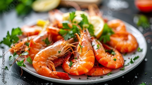 fresh shrimps served on plate boiled peeled shrimp prawns cooked in the seafood restaurant photo