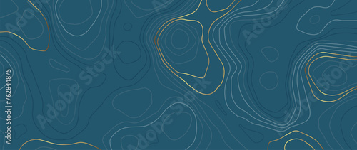 Abstract line art blue background vector. Mountain topographic map wallpaper with blue and gold lines texture. Elegant illustration design for wall arts, fabric , packaging, web, banner. photo