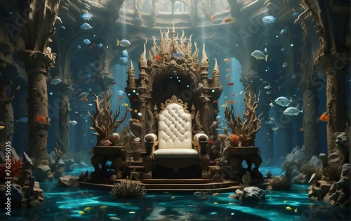 an underwater castle with a throne guarded by dragons, filled with fighting fishman warriors