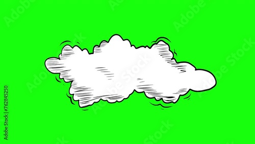Hand drawn retro style cloud Isolated on green screen. Vintage animated  cloud sketch isolated on chroma key screen. Nature concept design element.
