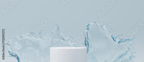 3d cosmetic background. 3d podium with abstract water splash for cosmetic, perfume, and product presentation. 3d rendering illustration.