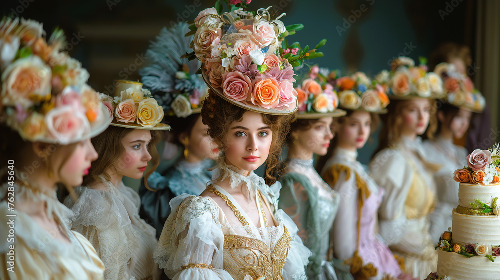Beautiful girls attending a party and wearing Victorian style costumes