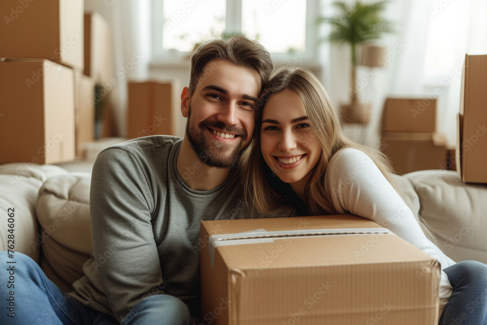 Home moving concept: Close-up and front view of a young couple man and woman smiling and looking at the camera after moving cardboard boxes to new real estate... Home moving concept: Close-up and front view of a young couple man and woman smiling and looking at the camera after moving cardboard boxes to new real estate...