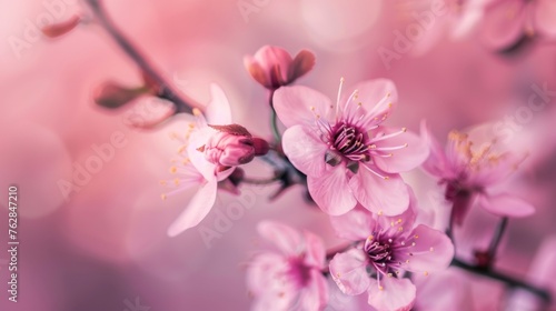 Dreamy Pink Cherry Blossom Branch Close-Up with Blurred Flowers