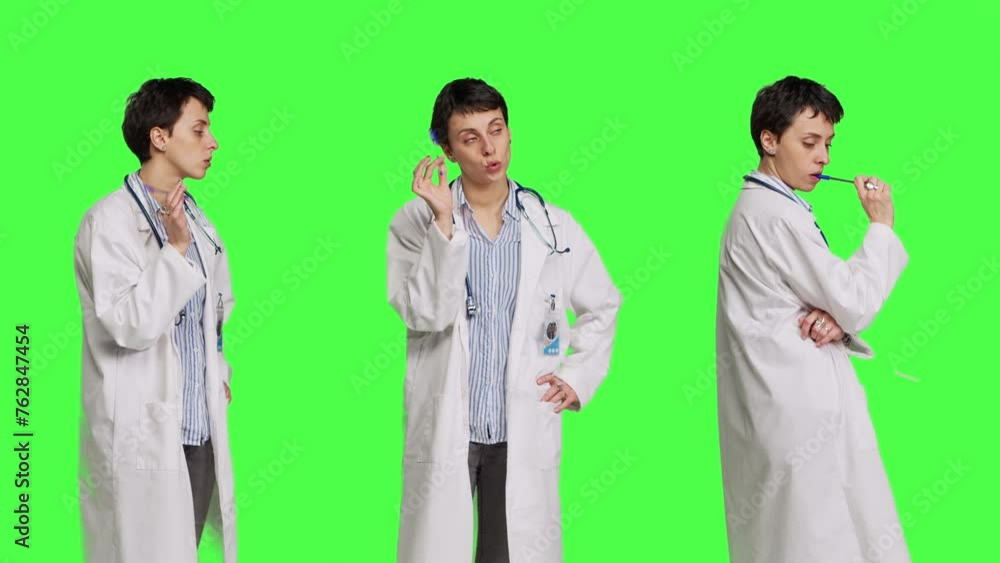 General practitioner thinking about new healthcare ideas in studio, acting pensive against greenscreen backdrop. Woman medic contemplating about ways to find disease cures. Camera B. General practitioner thinking about new healthcare ideas in studio, acting pensive against greenscreen backdrop. Woman medic contemplating about ways to find disease cures. Camera B.