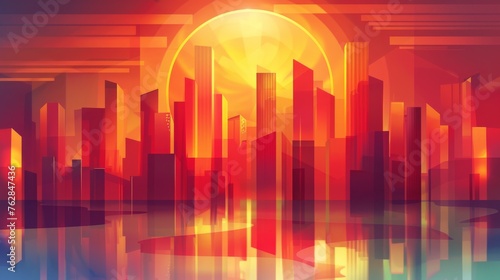A city skyline with a large sun in the background