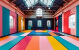 A large room with colorful walls and a colorful floor