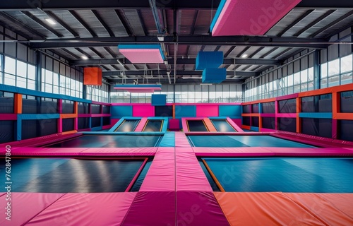 A colorful indoor playground with a pink and blue area photo