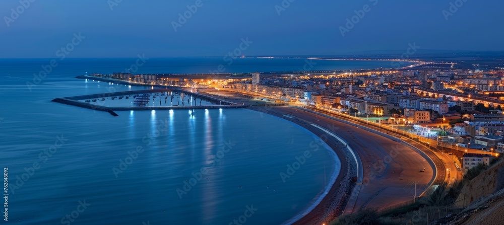 Panoramic cityscape overlooking sea at night with glowing lights reflection in water