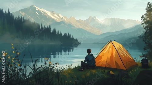 Young man sits near camping tent on the shore photo