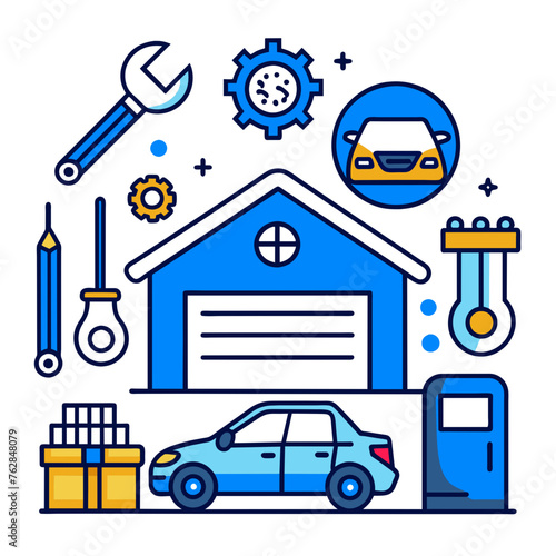 Car service icon set with black stroke and white background. Auto service, car repair icon set. Car service and garage.
