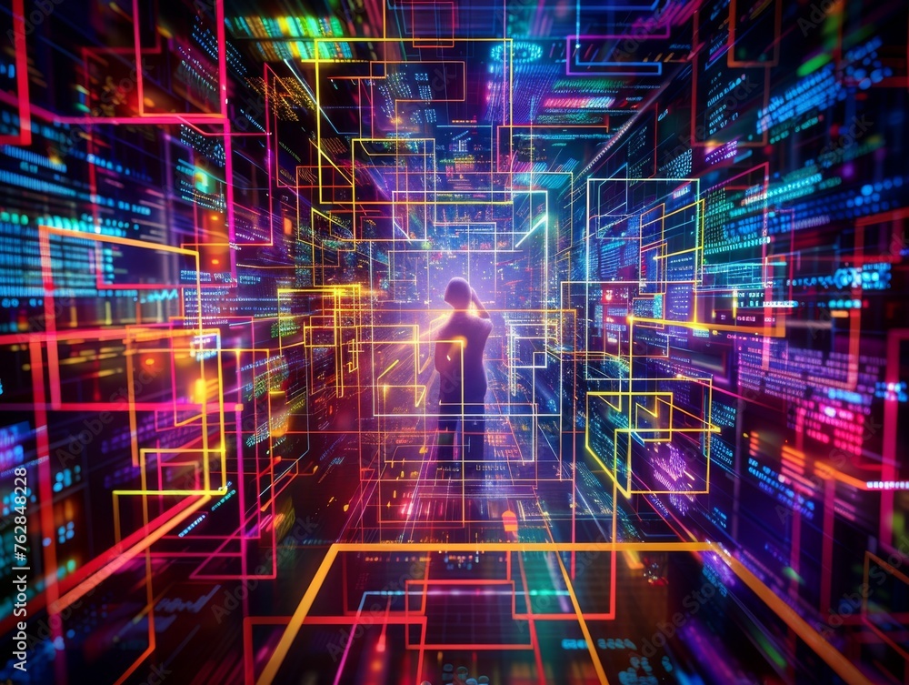 Fototapeta premium A man is standing in a colorful, abstract background
