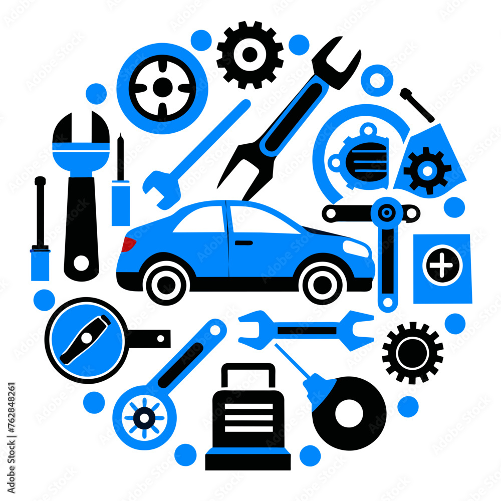 Car service icon set with black stroke and white background. Auto service, car repair icon set. Car service and garage.