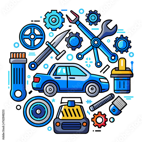 Car service icon set with black stroke and white background. Auto service, car repair icon set. Car service and garage.