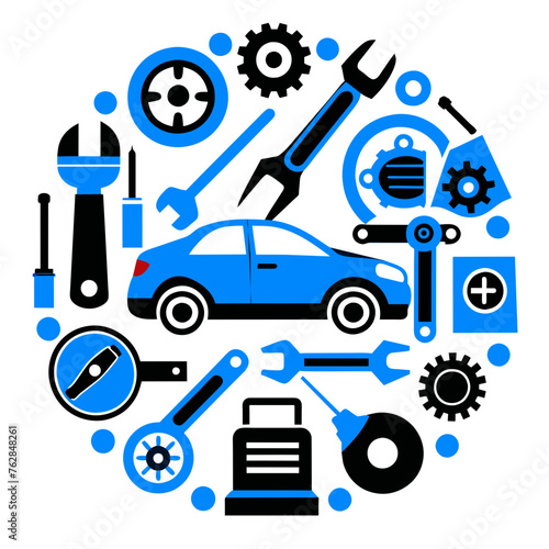 Car service icon set with black stroke and white background. Auto service, car repair icon set. Car service and garage.