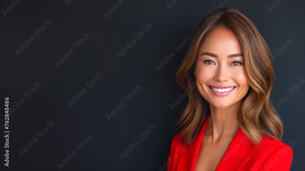 Asian business woman with long brown hair and a black jacket is smiling Asian business woman with long brown hair and a black jacket is smiling
