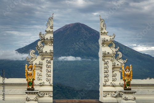 Balinese traditional cultural religion structure at Lahangan sweet view point of mount Agung volcano in Karangasem district, Bali island photo