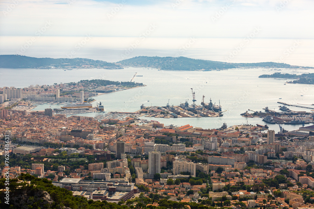 Panoramic photo of Toulon, France. View of residential buildings and city port.