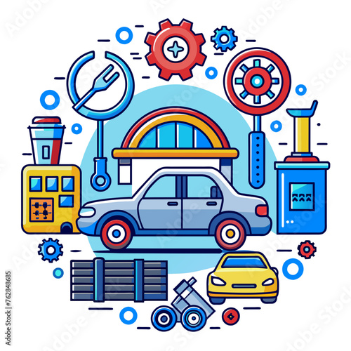 Car service icon set with black stroke and white background. Auto service, car repair icon set. Car service and garage.