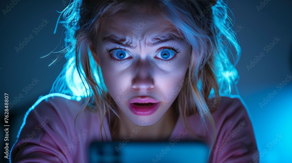 A woman is looking at her phone with a shocked expression on her face A woman is looking at her phone with a shocked expression on her face