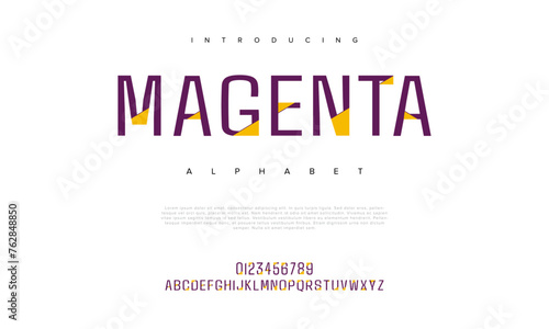 Magenta creative geometric modern urban alphabet font. Digital abstract futuristic, fashion, sport, minimal technology typography. Simple numeric vector illustration