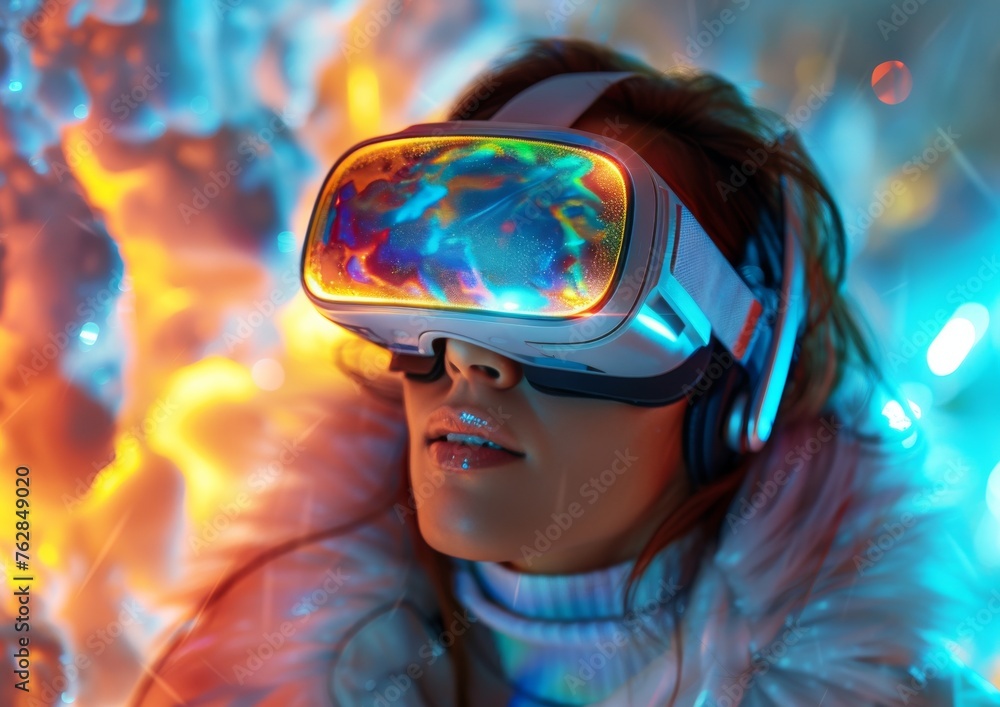 A woman wearing a virtual reality headset with a colorful light display