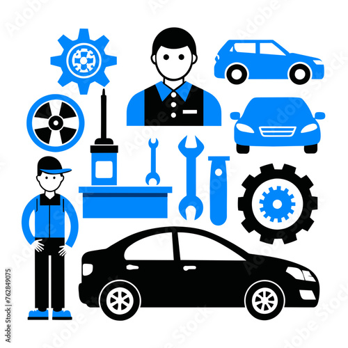 Car service icon set with black stroke and white background. Auto service, car repair icon set. Car service and garage.