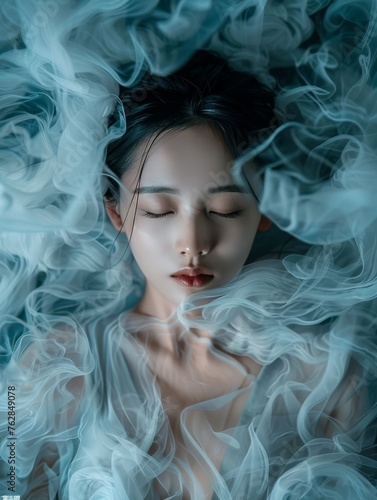 A woman is lying in a bed of smoke