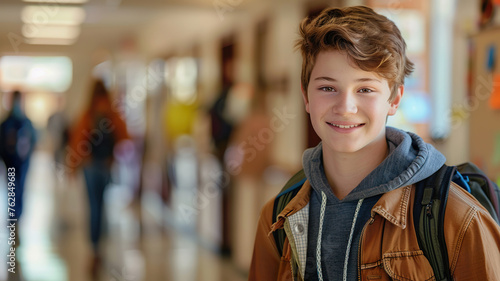 Teenage boy with backpack in school hallway