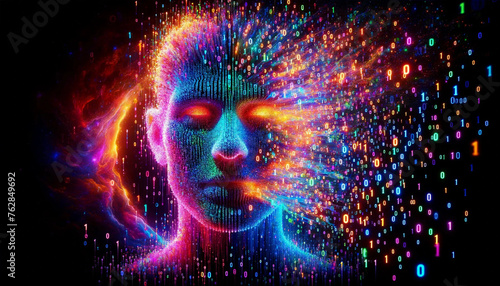 A face is seamlessly transforming into digital binary code, 1s and 0s, rendered in a spectrum of bright colors