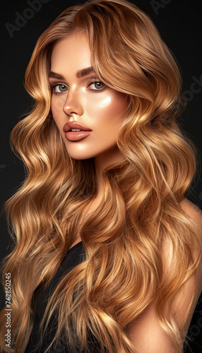 Stylish blonde woman with long shiny hair on dark background   beauty, health, and hair care concept