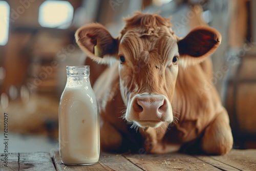 Fresh milk and cow, bottle of milk and cow for advertising