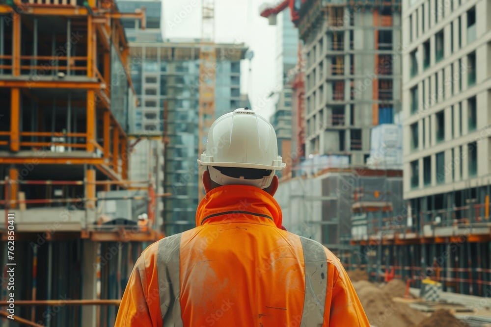 Back view of construction engineer looking at the building in the construction site Back view of construction engineer looking at the building in the construction site