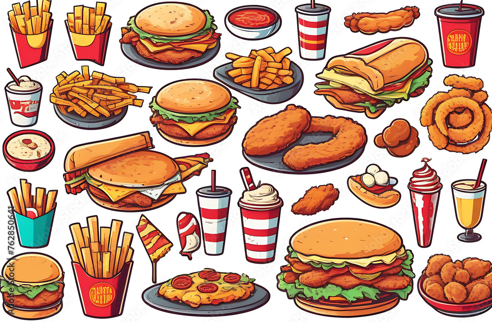 All Fast Food collection set, isolated on white background. Fried chicken, fries, pizza, sandwich, chicken nuggets, eggs and bacon, shawarma, prawns. Junk food of Fast Food set. Closeup of fast foods All Fast Food collection set, isolated on white background. Fried chicken, fries, pizza, sandwich, chicken nuggets, eggs and bacon, shawarma, prawns. Junk food of Fast Food set. Closeup of fast foods