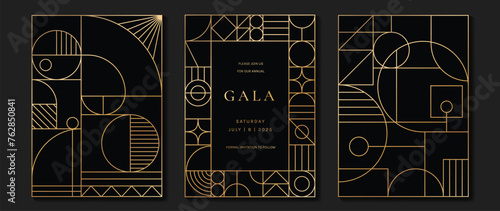 Luxury invitation card background vector. Elegant classic antique design, gold lines gradient on dark background. Premium design illustration for gala card, grand opening, art deco.