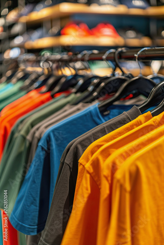 Colorful T shirts on Wooden Hangers in a Retail Store