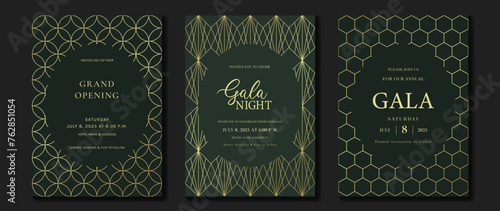 Luxury invitation card background vector. Elegant classic antique design, gold lines gradient on green background. Premium design illustration for gala card, grand opening, art deco.